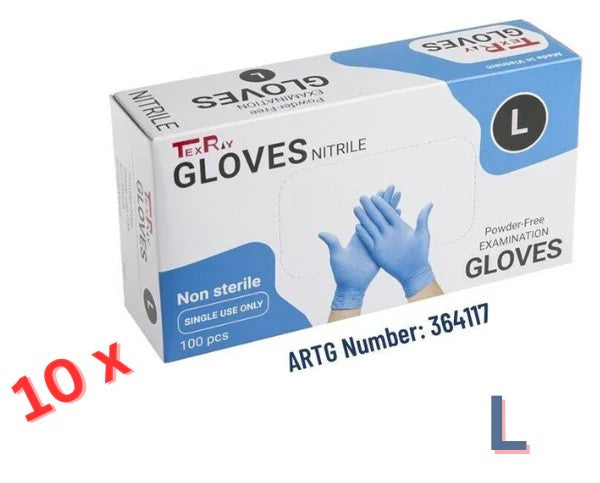 10 Boxes of Texray Blue Nitrile Powder Free Disposable Gloves - Medium & Large