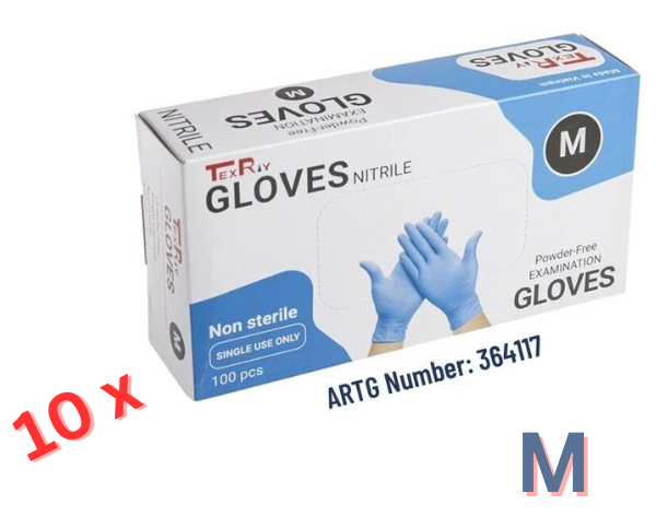 10 Boxes of Texray Blue Nitrile Powder Free Disposable Gloves - Medium Size