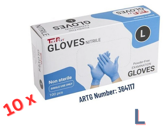 10 Boxes of Texray Blue Nitrile Powder Free Disposable Gloves - Large size