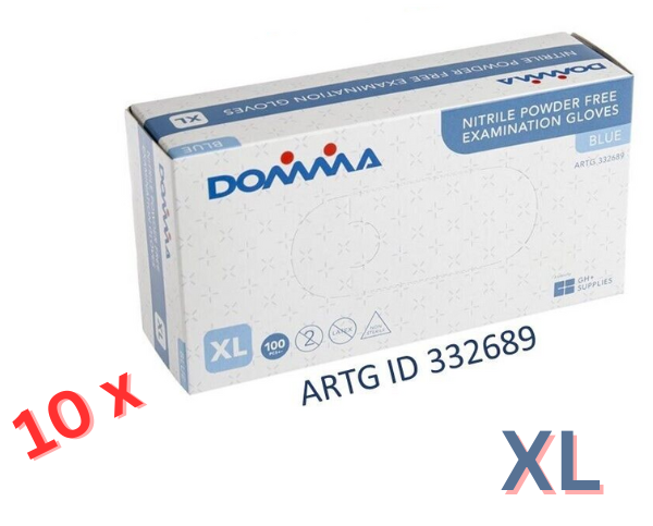 10 Boxes of Domma Blue Nitrile Examination Gloves Powder Free - XL